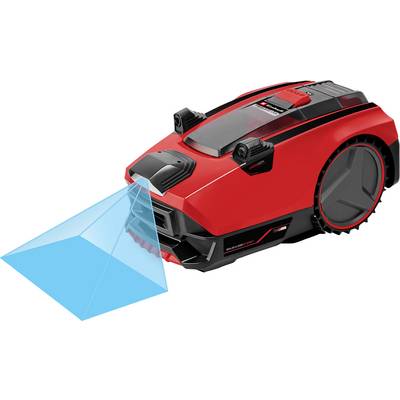 Ein roter, autonomer Rasenmäher mit Sensoren projiziert ein blaues Licht auf den Boden, um Hindernisse zu erkennen.