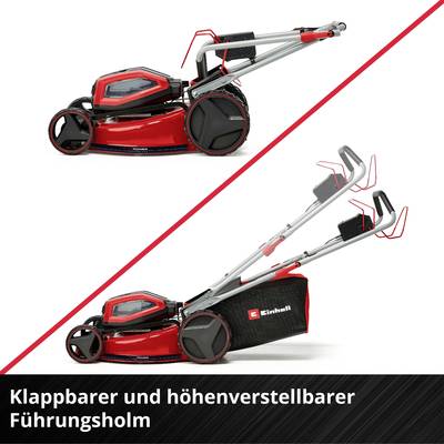 'Klappbarer und höhenverstellbarer Führungsholm' Einhell Akku-Rasenmäher in Seitenansicht mit roten Akzenten und Klappgriff.