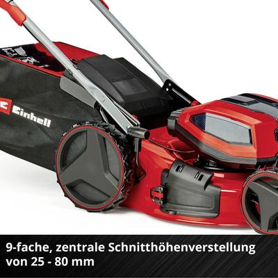 Ein Rasenmäher mit rotem Gehäuse und schwarzem Grasfangkorb. Text: '9-fache, zentrale Schnitthöhenverstellung von 25 - 80 mm'.