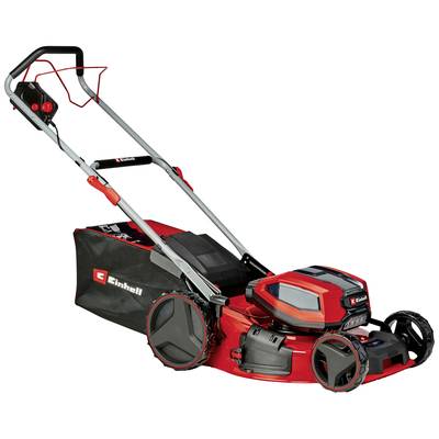 Ein roter und schwarzer Rasenmäher mit Fangkorb, geeignet für den privaten Garten. Er hat große Räder und ein modernes Design.