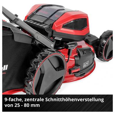 Roter Rasenmäher mit Hinweis auf 9-fache zentrale Schnitthöhenverstellung von 25 bis 80 mm.