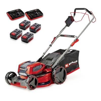 Roter schnurloses Rasenmäher mit Grasfangkorb, gezeigt mit zwei Batterieladegeräten und vier Batterien.