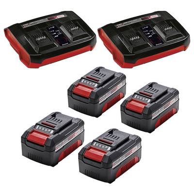 Zwei schwarze Ladegeräte oben und vier schwarze Batterien mit rotem Akzent unten, die für Elektrowerkzeuge verwendet werden.
