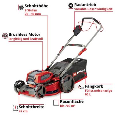 Illustration eines Rasenmähers mit beschrifteten Funktionen: Schnittbreite 47 cm, 9-stufige Schnitthöhe 25–80 mm, Radantrieb mit variabler Geschwindigkeit, Fangkorb 65 l, für Rasenflächen bis 700 m².