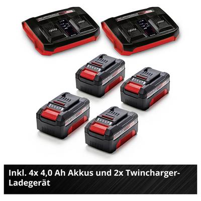 Set mit 2 Twincharger-Ladegeräten und 4 Akkus; Text: 'Inkl. 4x 4,0 Ah Akkus und 2x Twincharger-Ladegerät'.