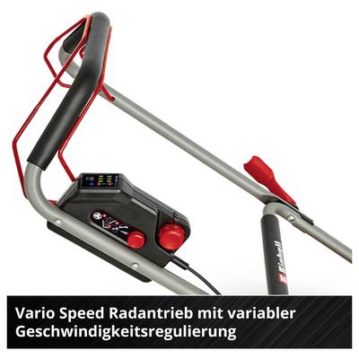 Rasenmäher mit Vario-Speed-Radantrieb und variabler Geschwindigkeitsregulierung; Bedienmodul am Griff sichtbar.