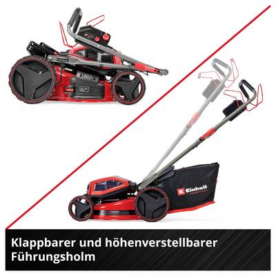 Rasentrimmer mit klappbarem, höhenverstellbarem Führungsholm; links gefaltet, rechts ausgeklappt mit Fangbeutel, Beschriftung 'Klappbarer und höhenverstellbarer Führungsholm'.<br>