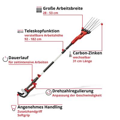 'Elektrisches Teleskopgerät mit Carbon-Zinken, einstellbarer Arbeitsbreite (28-53 cm) und Höhe (92-182 cm), ergonomischem Griff und Drehzahlregulierung.'