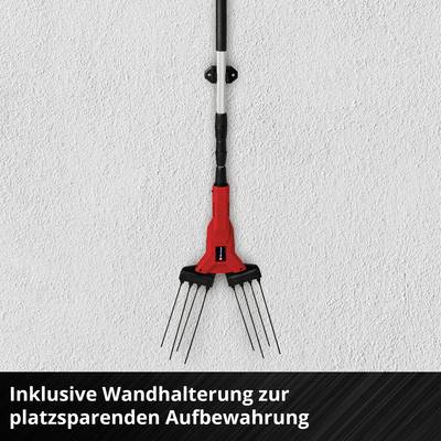 Eine rote Gartenkralle mit fünf Zinken hängt an einer Wandhalterung. Darunter steht: 'Inklusive Wandhalterung zur platzsparenden Aufbewahrung'.
