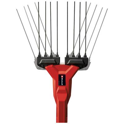 Rote elektrische Laubbesenmaschine mit schwarzen Zinken, die gleichmäßig nach oben zeigen. Geeignet zum Sammeln von Laub im Garten.