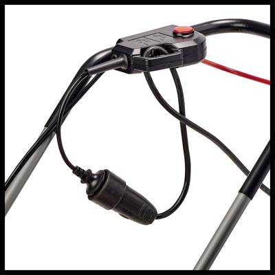 Ein elektrischer Rasenmähergriff mit rotem Knopf, Kabelanschluss und schwarzen Kabeln, Fokus auf Steuerungsteil.