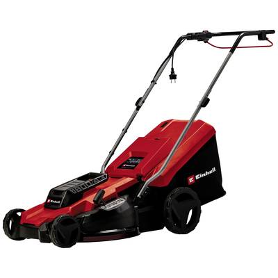 Roter und schwarzer elektrischer Rasenmäher, Marke Einhell. Kabelgebunden, mit großen Rädern und ergonomischem Griff.