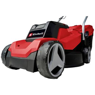 Ein roter Rasenmäher mit großen, grauen Rädern und schwarzem Gehäuse. Markenlogo 'Einhell' auf der Vorderseite.