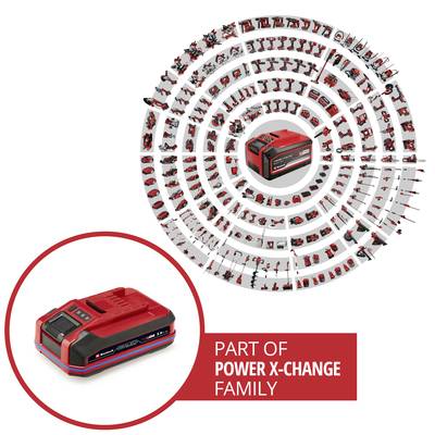 Das Bild zeigt ein Sortiment von Elektrowerkzeugen der Serie 'Power X-Change', die mit einem roten Akku in der Mitte dargestellt sind.