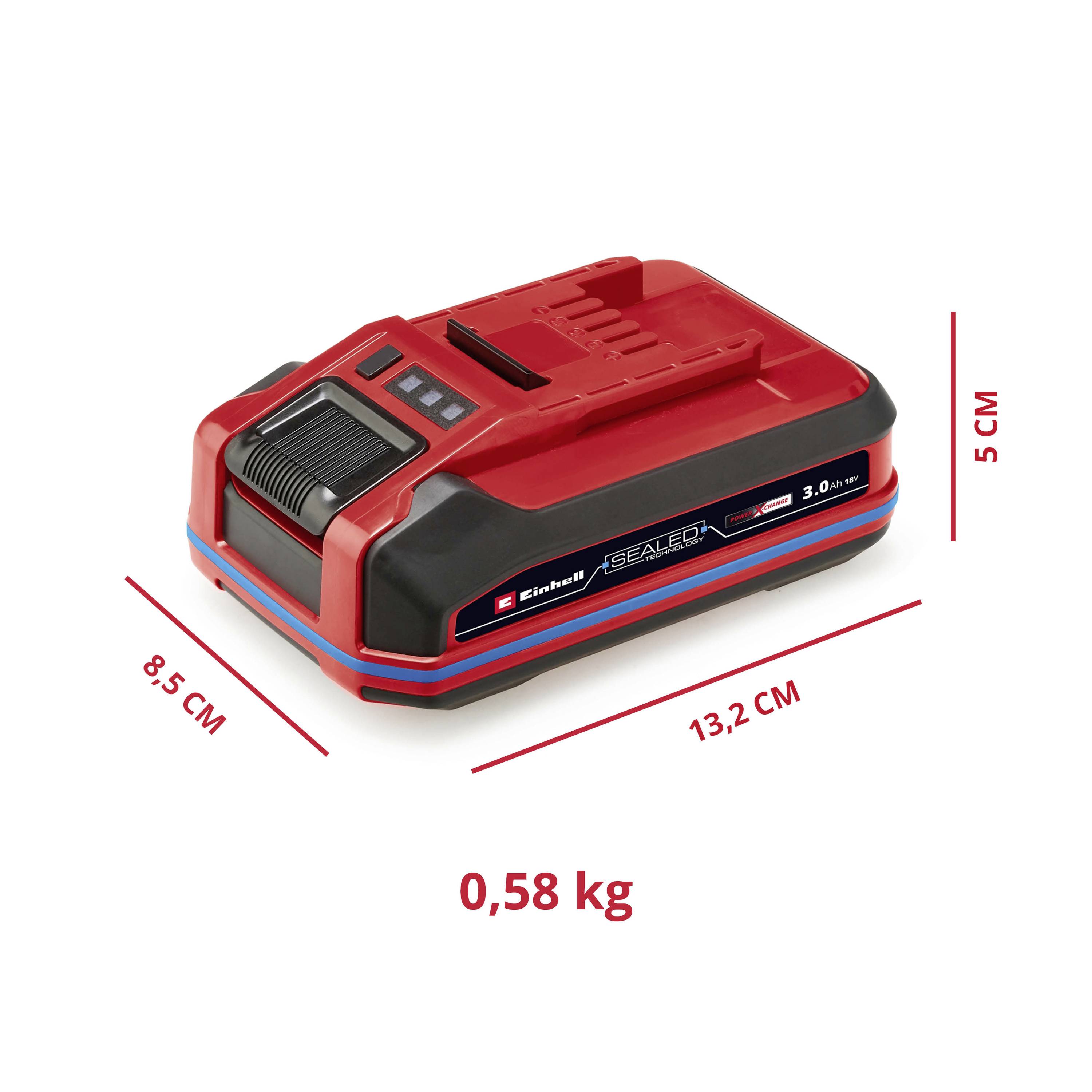 Roter Akku der Marke Einhell, Modell Power X-Change, mit Angaben zu Größe (13,2 x 8,5 x 5 cm) und Gewicht (0,58 kg).