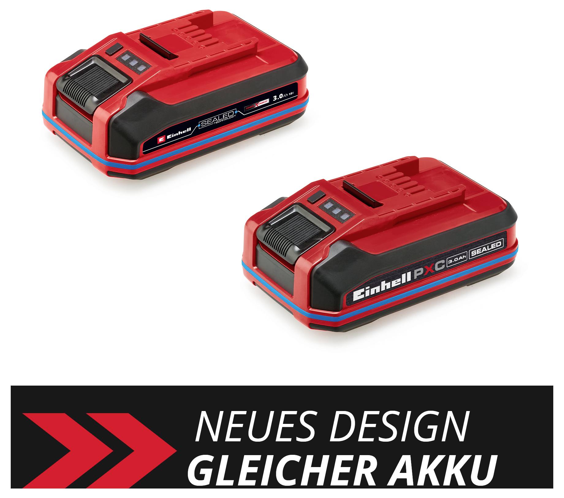 Zwei rote Einhell Akkus mit schwarzem Gehäuse. Darunter Text: 'Neues Design, gleicher Akku'.