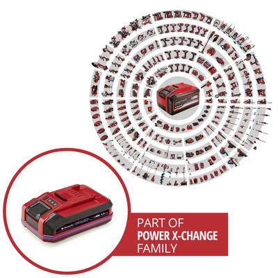 Batterie in der Mitte von Kreis mit Werkzeugen, beschreibt die Kompatibilität mit mehreren Geräten der 'Power X-Change'-Reihe.