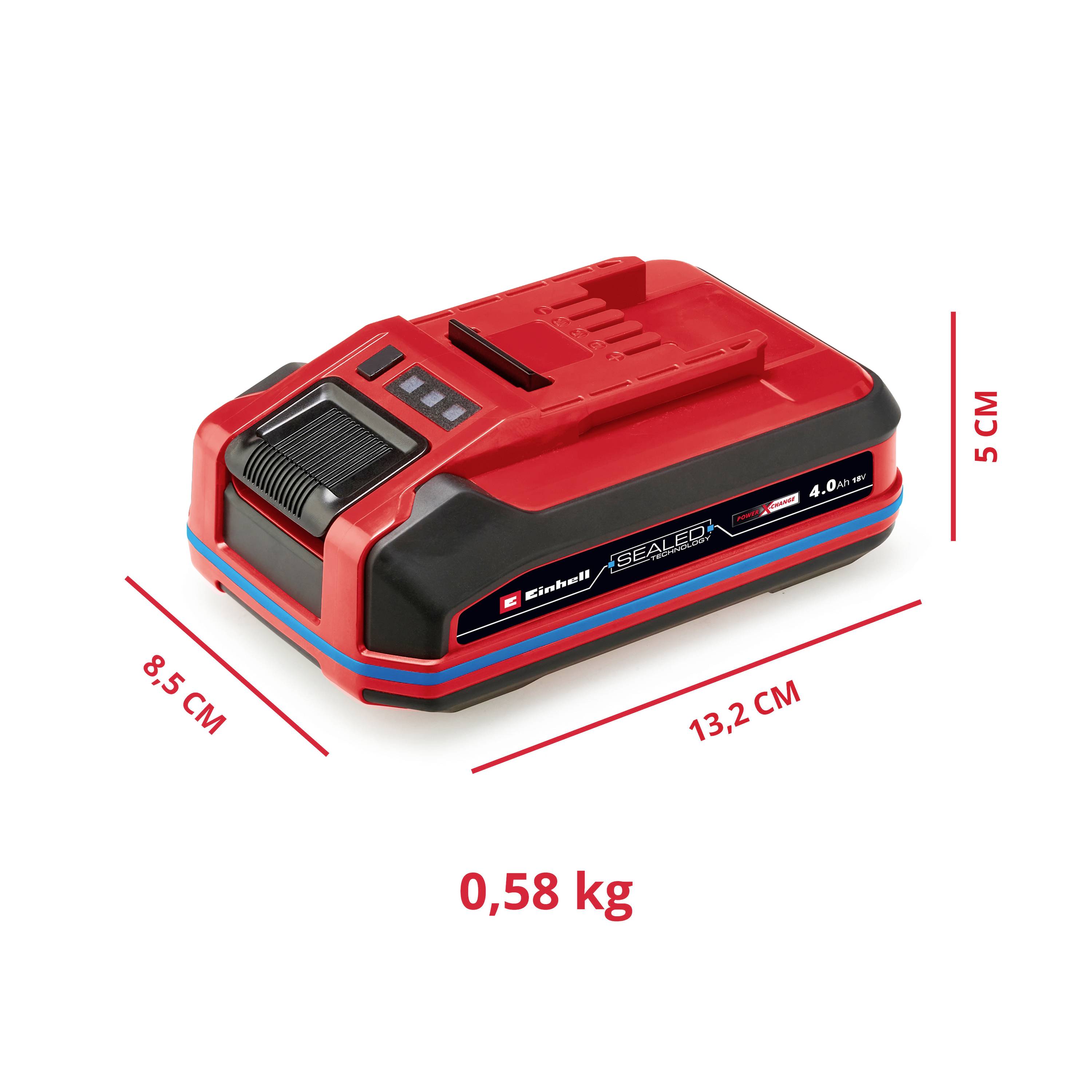 Roter Akku mit Maßen 8,5x13,2x5 cm und einem Gewicht von 0,58 kg, Modell 'Power X-Change', 4,0 Ah.