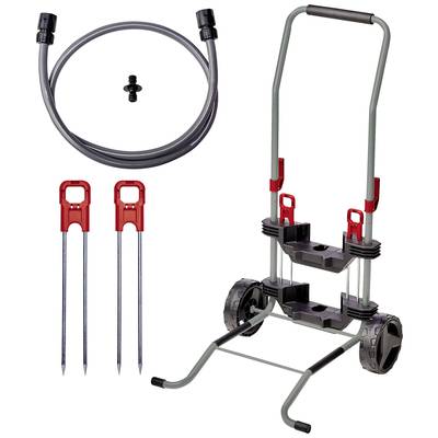 Ein Gartenschlauchwagen-Set bestehend aus einem Schlauchwagen mit Griff, einem Wasserschlauch, einem Dichtungsring und drei Erdspießen. Ideal zur einfachen Gartenbewässerung.