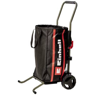 'Einhell' Gartenwagen mit schwarzem, rot markiertem Sack. Zwei große Räder und ein Griff für einfache Handhabung und Transport im Garten.