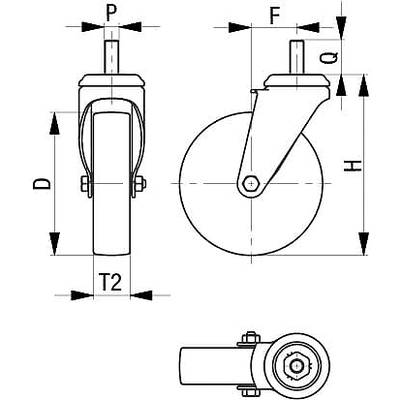 Technische Zeichnung eines Schwenkrads mit vier Ansichten; Vorder-, Seiten-, Oberansicht und mit Maßangaben D, T2, P, F, H.