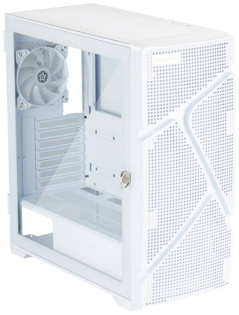 Weiße PC-Gehäuse mit seitlichem Glasfenster und eingebautem Lüfter. Frontgitterdesign verbessert die Belüftung.
