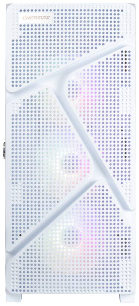 Ein weißes Computergehäuse mit perforierter Frontabdeckung zeigt bunte Lichteffekte von innen. Oben rechts steht 'Enermax'.