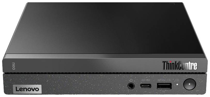 Ein schwarzer Lenovo ThinkCentre Minicomputer mit Anschlüssen auf der Vorderseite. Ideal für Büro- und Heimanwendungen.