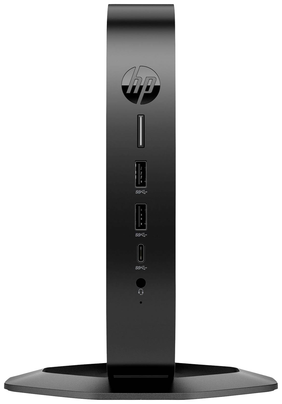 Ein schwarzer, vertikaler Computer-Client mit mehreren Anschlüssen, geeignet für platzsparende Arbeitsumgebungen.