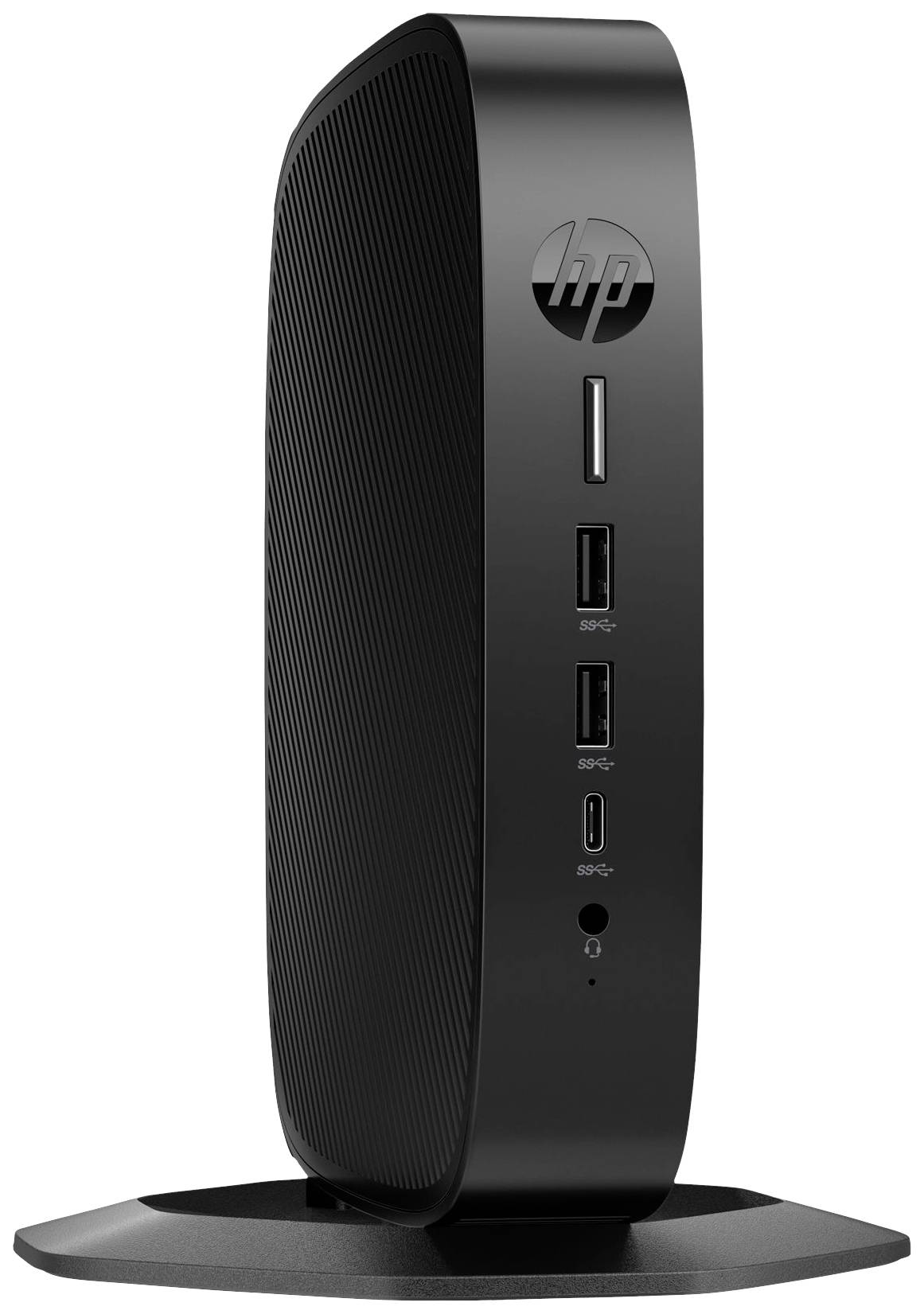 Schwarzer HP Mini-PC mit vertikalem Standfuß, zwei USB-Anschlüsse an der Front, ein USB-C-Anschluss und Kopfhörerbuchse sichtbar.