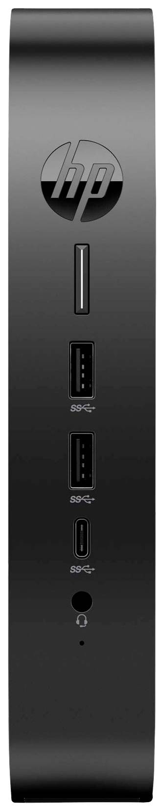 Ein schwarzer Computer mit vertikaler Ausrichtung zeigt verschiedene Anschlussmöglichkeiten, darunter USB- und Kopfhöreranschlüsse.