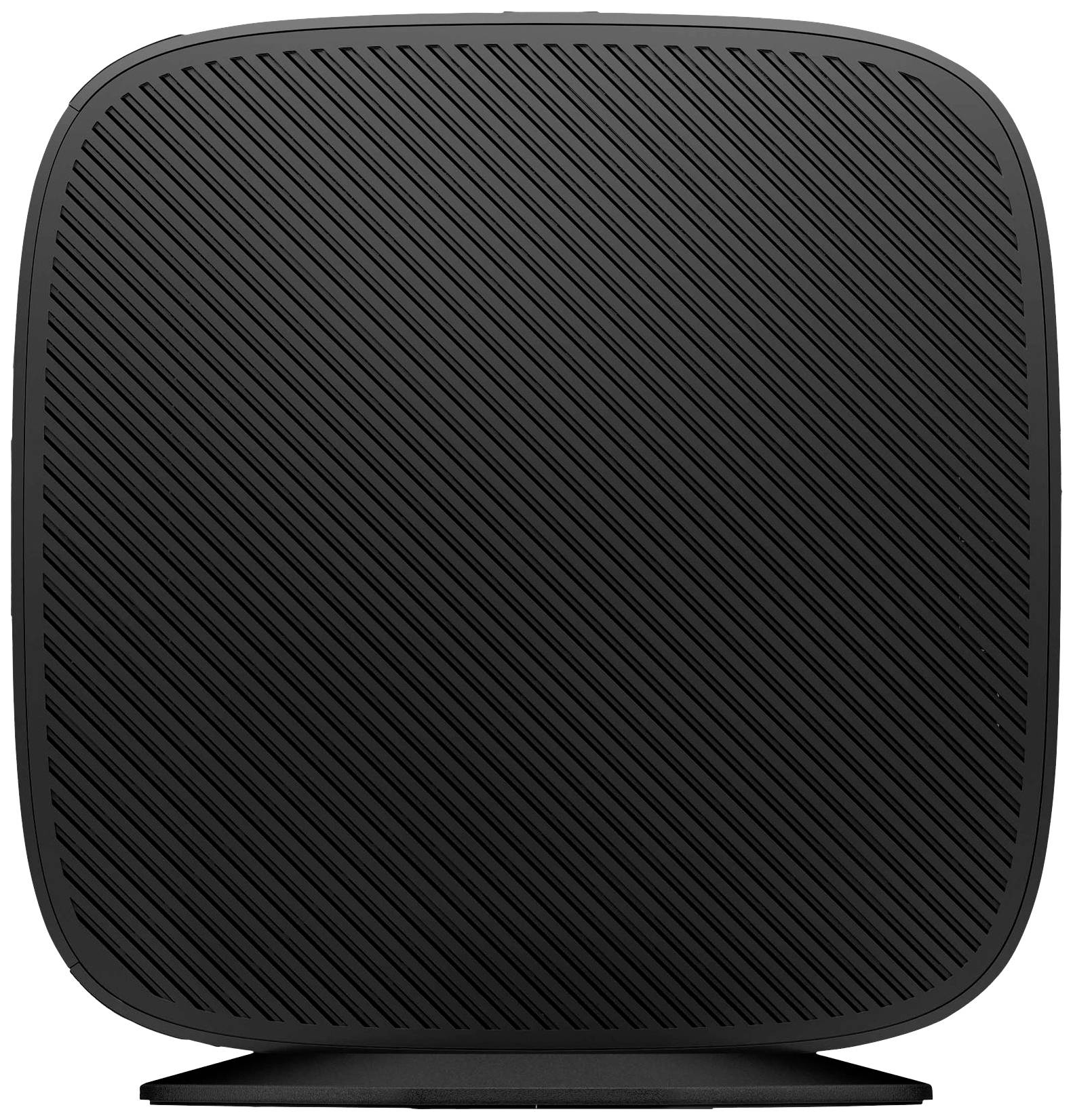 Ein schwarzer, rechteckiger Lautsprecher mit diagonalen Rippen zur Schalldiffusion, auf einem Sockel stehend.