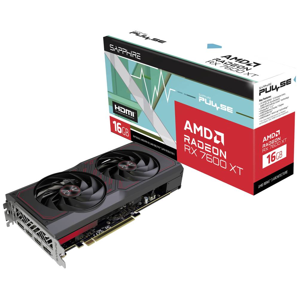 Sapphire AMD Radeon RX 7600 XT Videokaart Pulse 16 GB GDDR6-SDRAM PCIe x8 HDMI, DisplayPort AMD FreeSync