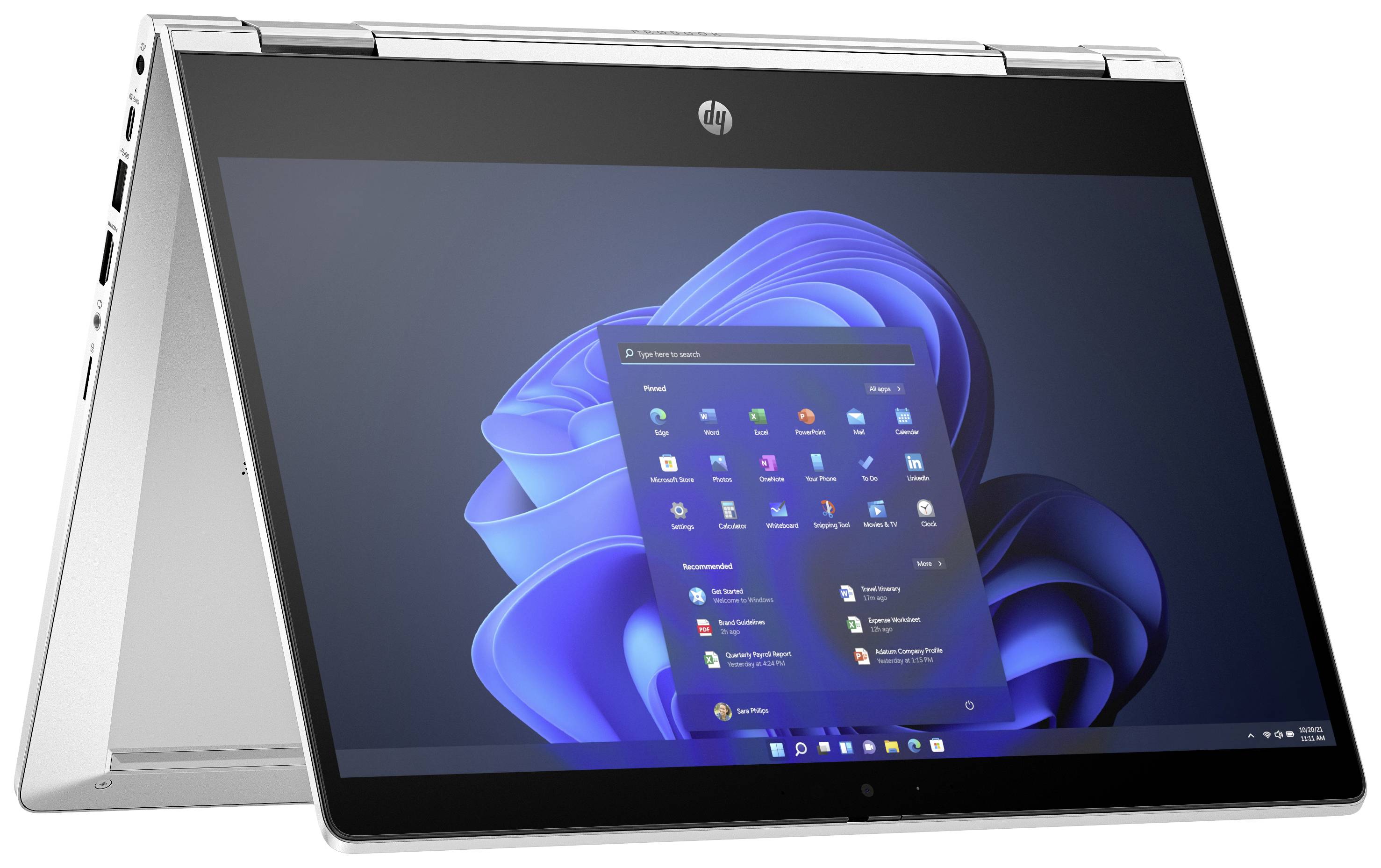 Laptop in Zelt-Modus zeigt Windows 11-Startbildschirm mit Programmsymbolen. Elegantes, modernes Design mit schwarzem Bildschirmrahmen.