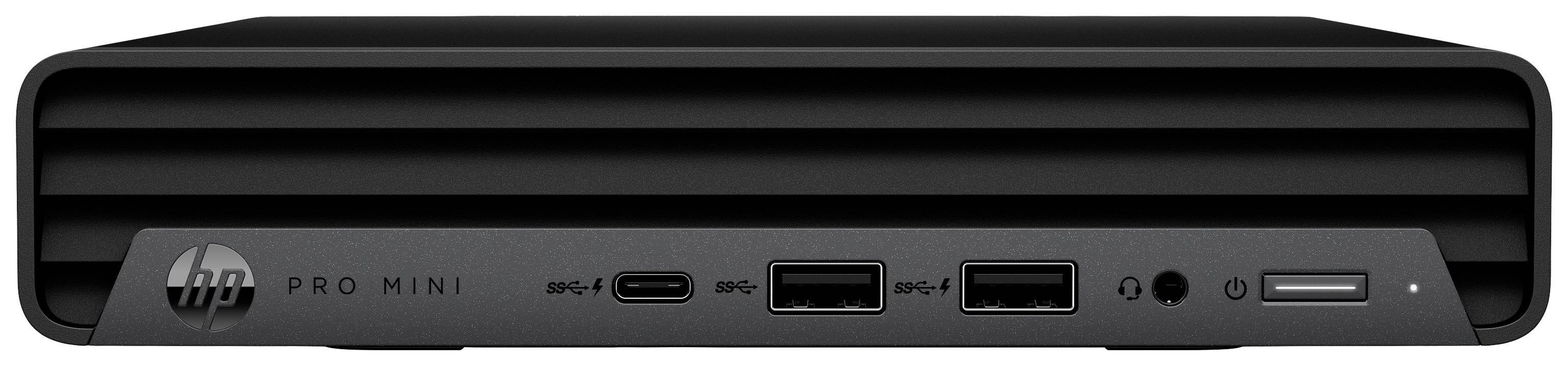 Ein schwarzer HP Pro Mini Desktop-PC mit mehreren Anschlüssen an der Vorderseite, darunter USB- und Audioanschlüsse.