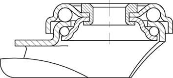 Querschnitt einer mechanischen Lagerkonstruktion mit Kugellagern oben und einem Gehäuse darunter, wesentlicher Bestandteil von Maschinen.