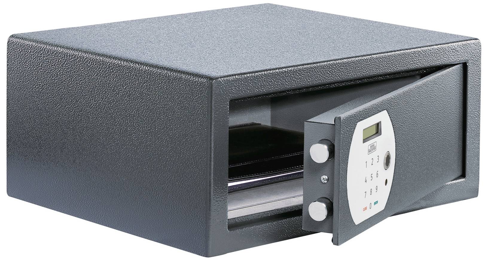 Ein grauer Tresor mit geöffneter Tür. Die Front zeigt ein digitales Tastenfeld und ein kleines Display. Der Innenraum ist leer.