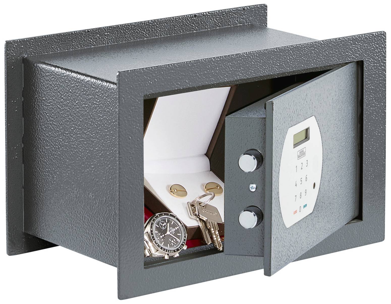 Offener Tresor mit elektronischem Zahlenschloss. Im Inneren befinden sich ein Uhrenetui, ein Schlüsselbund und eine Uhr.