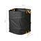 Ein schwarzer, faltbarer Behälter mit gelben Griffen, 70 cm hoch und 59 cm breit. Verwendbar zur Lagerung oder als Wäschekorb.