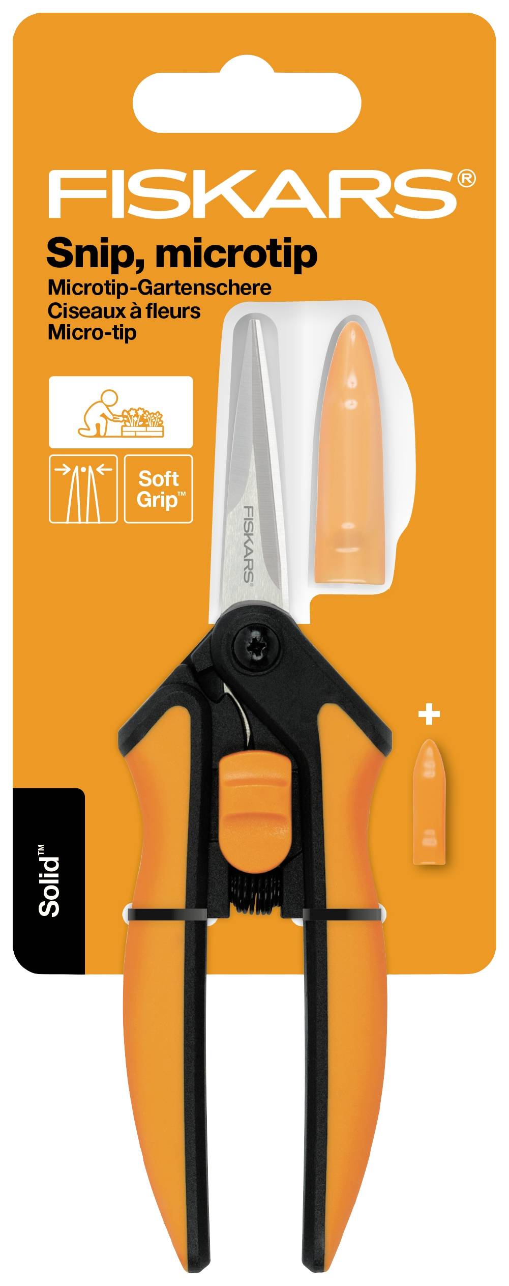 'FISKARS Snip, microtip' Gartenschere auf orangener Verpackung. Enthält eine Ersatzkappe. Für präzisen Schnitt mit weichem Griff.