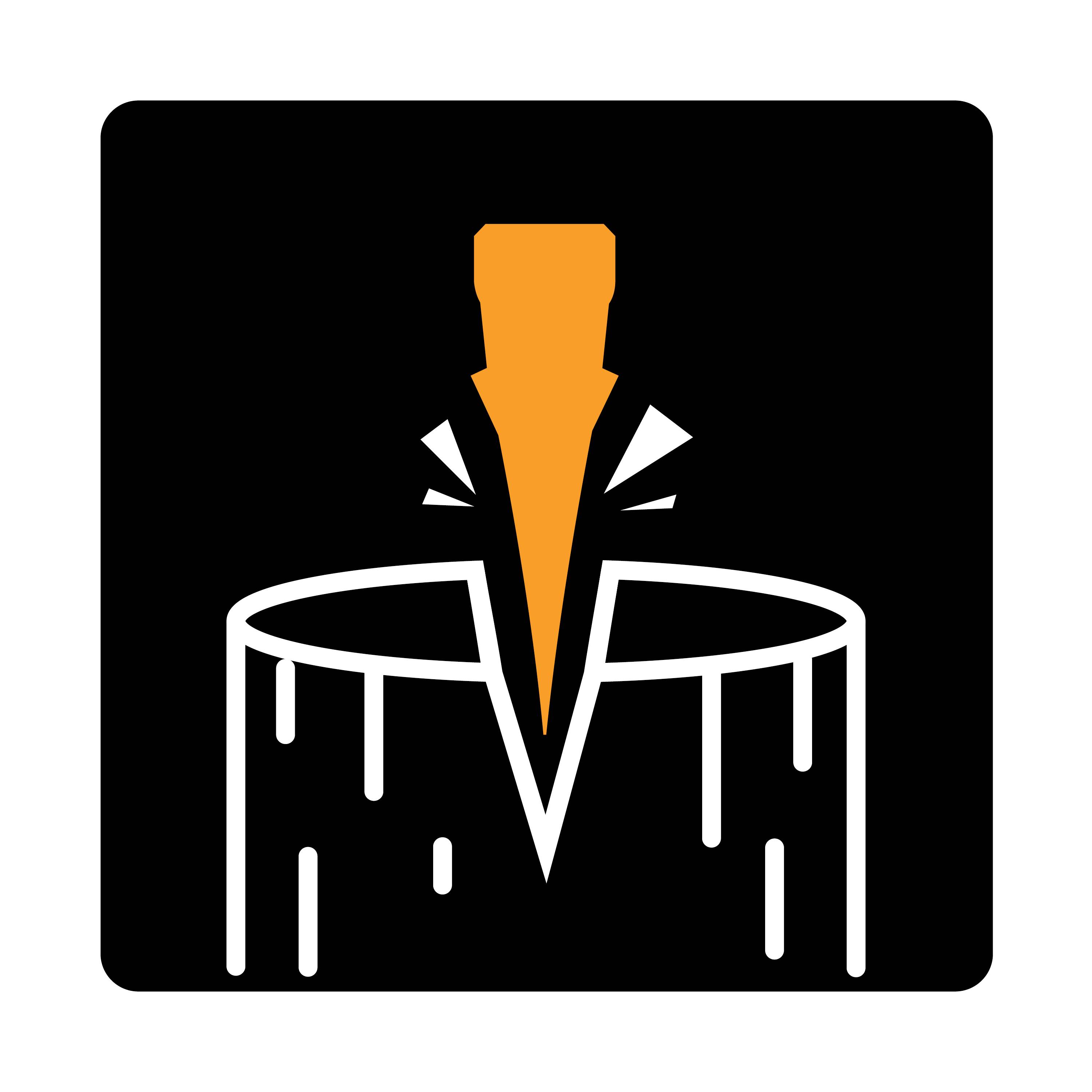 Ein orangefarbener Keil spaltet einen Baumstamm in einem stilisierten Symbol auf schwarzem Hintergrund.