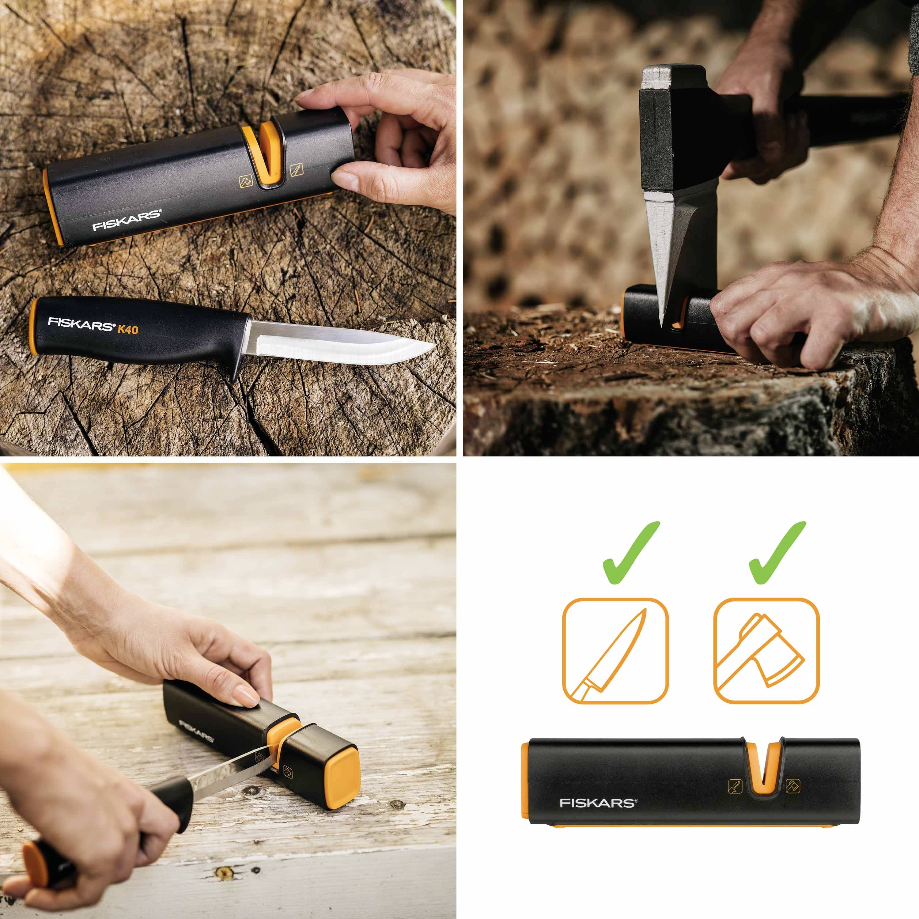 Mehrere Bilder zeigen ein Messer, einen Axtkopf, einen Messerschärfer und die Handhabung dieser Werkzeuge. Markenname 'Fiskars' sichtbar.