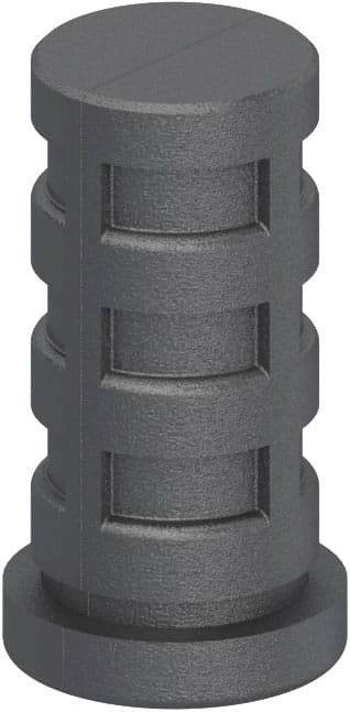 Graue, zylindrische Plastikkomponente mit Rillen und flachem Boden, möglicherweise Teil eines größeren mechanischen Geräts.