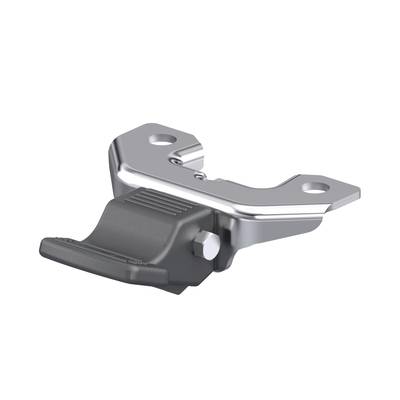 Ein silbernes und schwarzes Metallteil mit zwei Befestigungslöchern und einem beweglichen Hebel, möglicherweise ein Schließmechanismus.