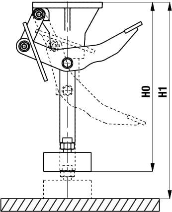 Technische Zeichnung einer mechanischen Vorrichtung mit Hebelarm und Halterung. Maße H0 und H1 sind angegeben.