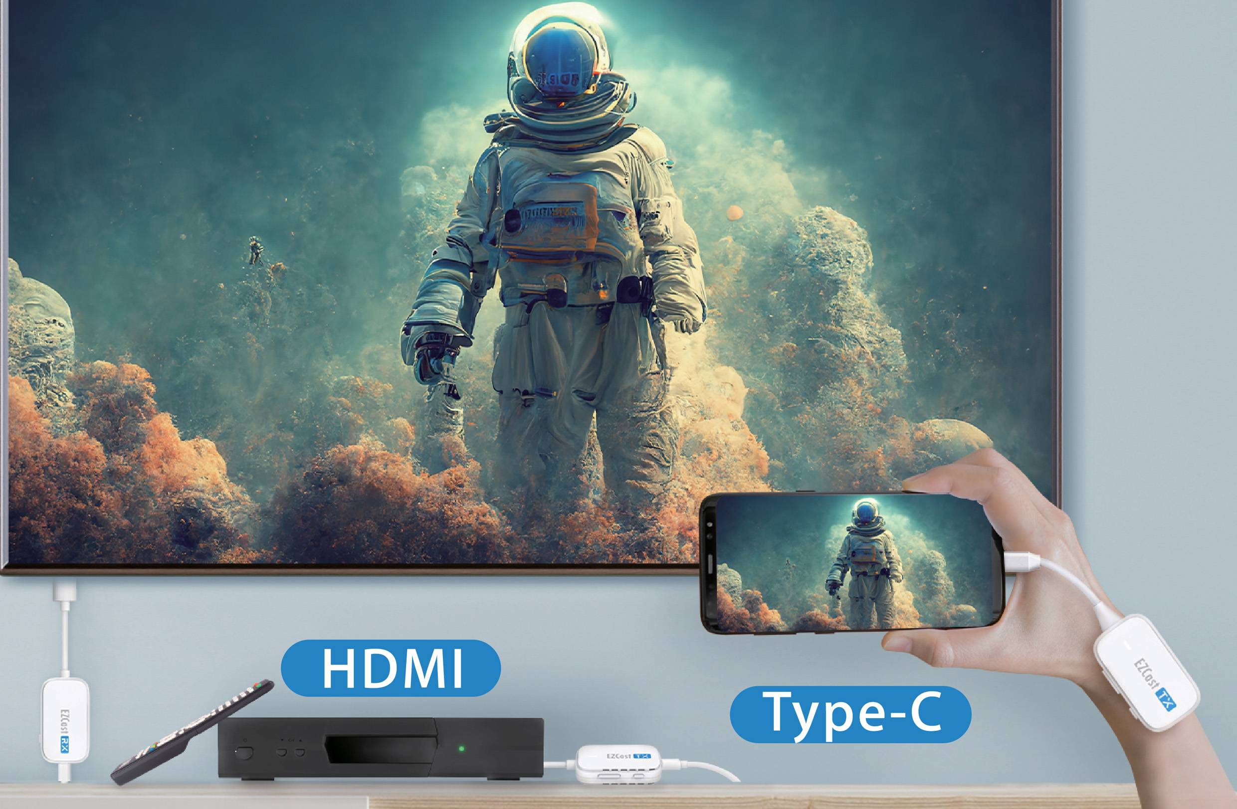 Astronaut in einem Raumanzug schwebt unter Wasser, auf einem Bildschirm und einem Smartphone angezeigt, verbunden durch HDMI.