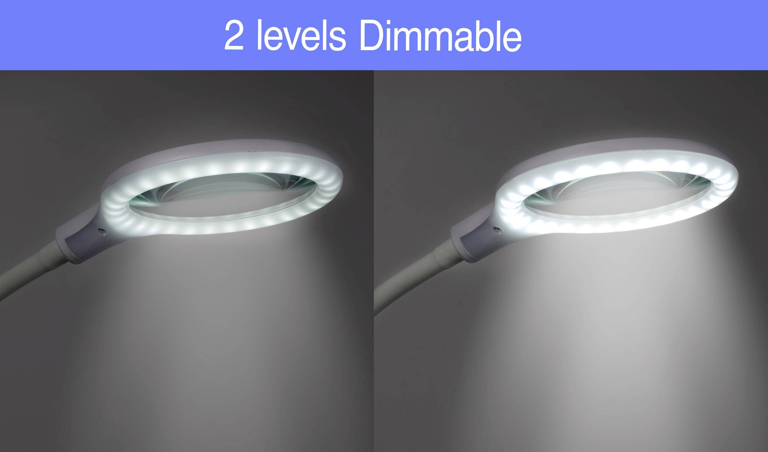 Zwei dimmbare Leuchtenstufen im Vergleich: links gedämpftes Licht, rechts helleres Licht. Oben Text '2 levels Dimmable'.