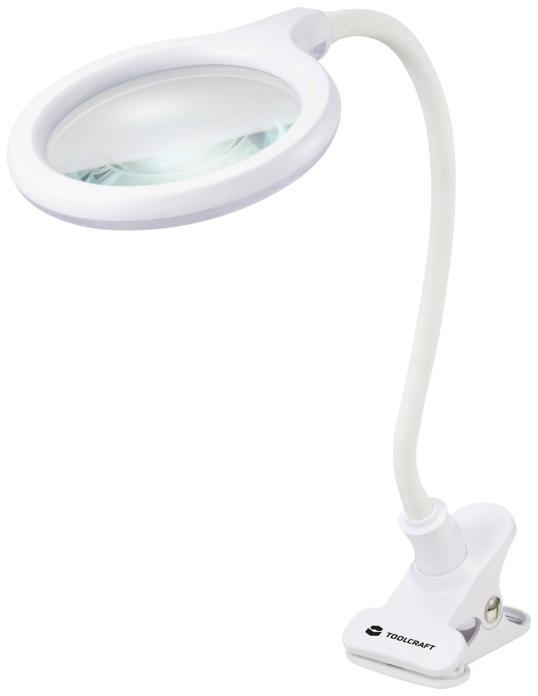 Eine weiße Klemmlampe mit Lupenlinse und flexiblem Hals, geeignet für präzise Arbeiten. Markierung 'TOOLCRAFT' an der Basis.