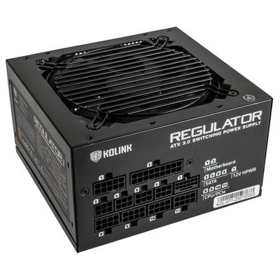 Schwarzes Netzteil von Kolink mit mehreren Anschlüssen, darunter 'Motherboard' und 'CPU/PCIe'. Beschriftet als 'Regulator ATX 3.0 Switching Power Supply'.