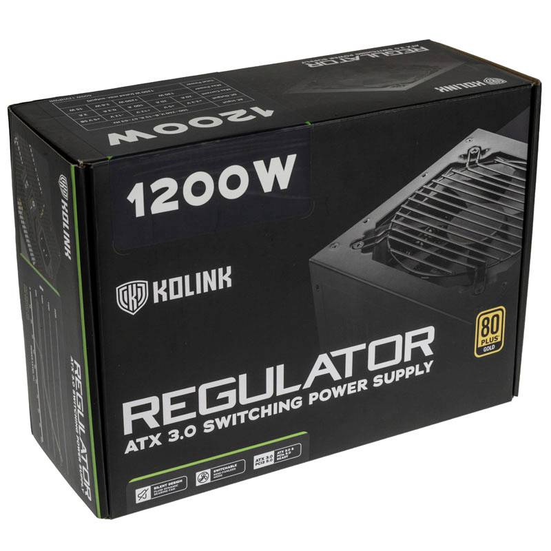 'Regulator ATX 3.0 Switching Power Supply' 1200 W, Kolink, 80 Plus Gold zertifiziert. Verpackung zeigt Produktbild eines Netzteils.